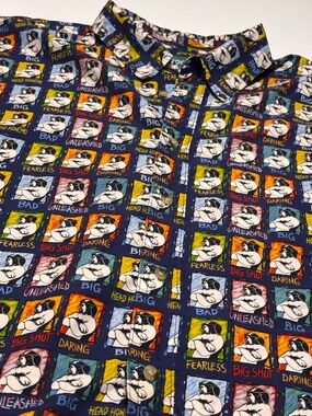 Y2K Blue Big Dogs Shirt Mens Button Front Short Sleeve Collar Size 2XL